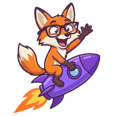 Agent Loop, the mediloop fox mascot, riding a rocket