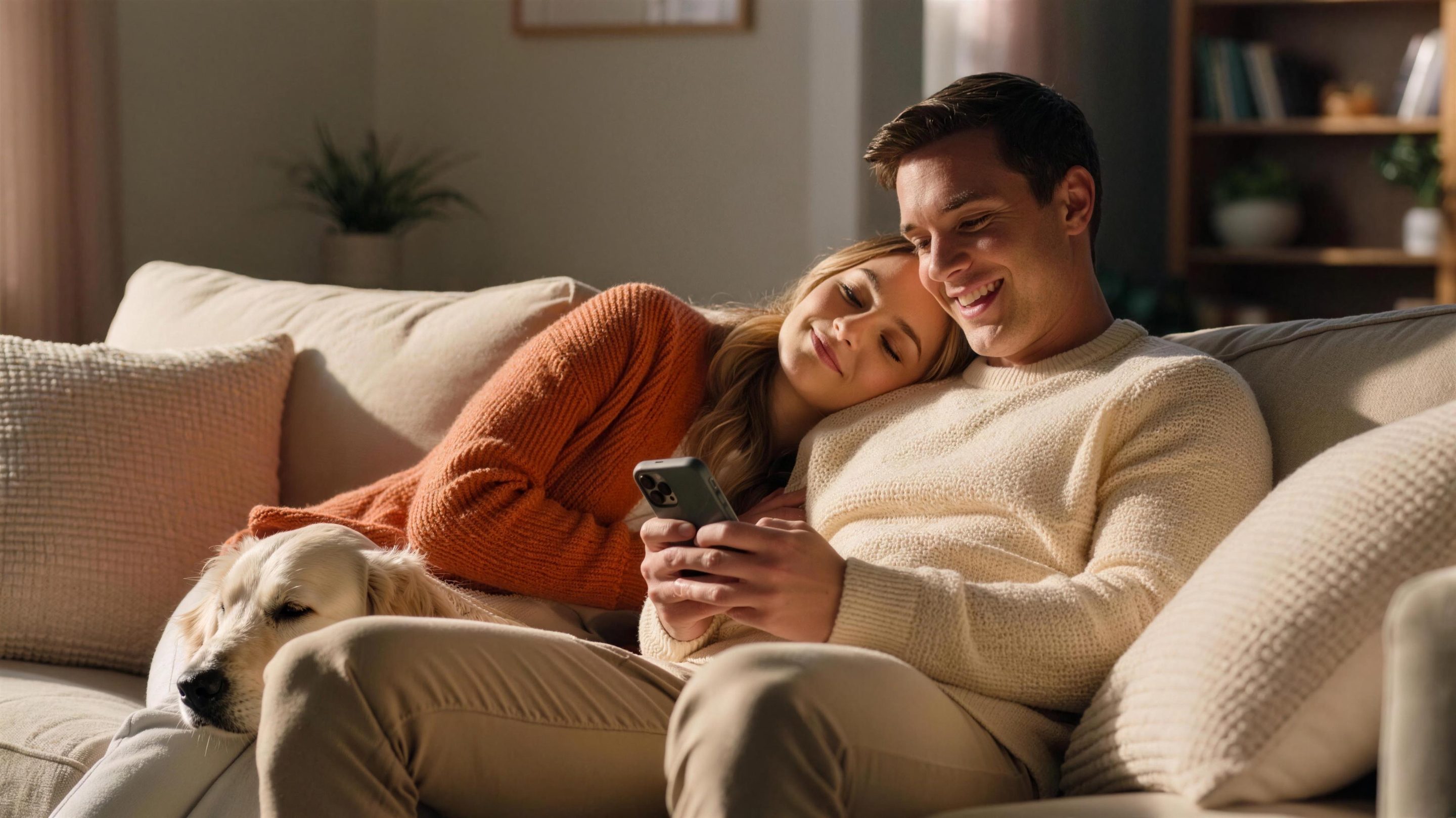 A couple relaxing on the sofa with their dog, smiling at a phone